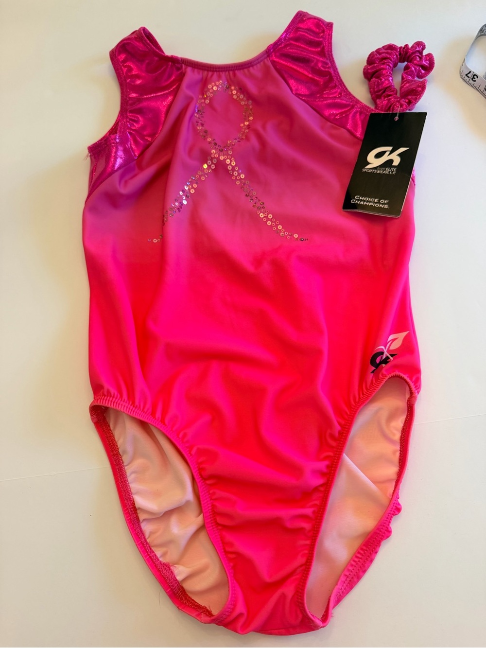GK Elite Gymnastics Leotard AM Pink Ombre Breast Cancer Ribbon + Scrunchie